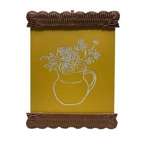 Yellow botanical Flowers in Pitcher pottery plaque wall hanging Faux Wicker